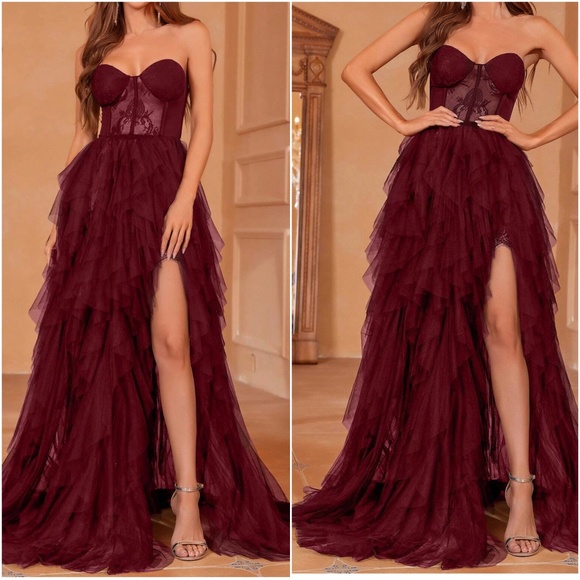 Luxe Strapless Lace Party Holiday Evening Formal Wedding Party - Picture 2 of 15